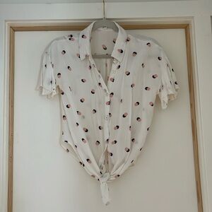 Tie front flutter sleeve collared blouse